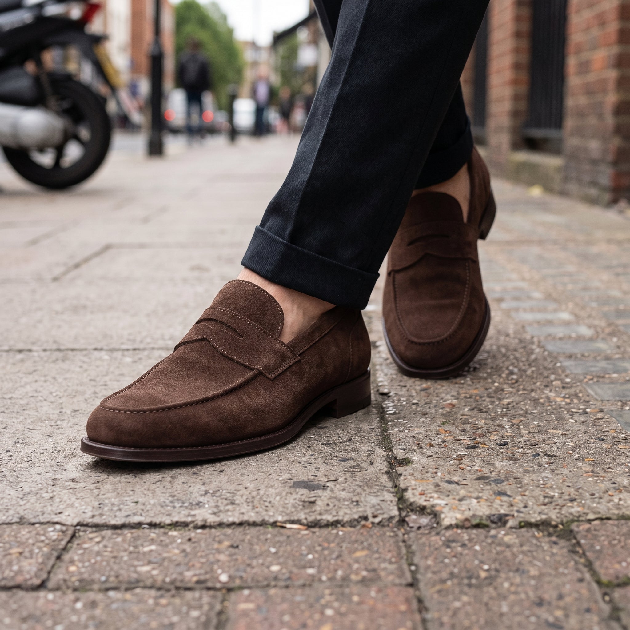 Men's Brown Suede Apron-Toe Penny Loafers — Amport