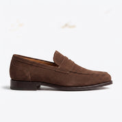 Men's Brown Suede Apron-Toe Penny Loafers — Amport