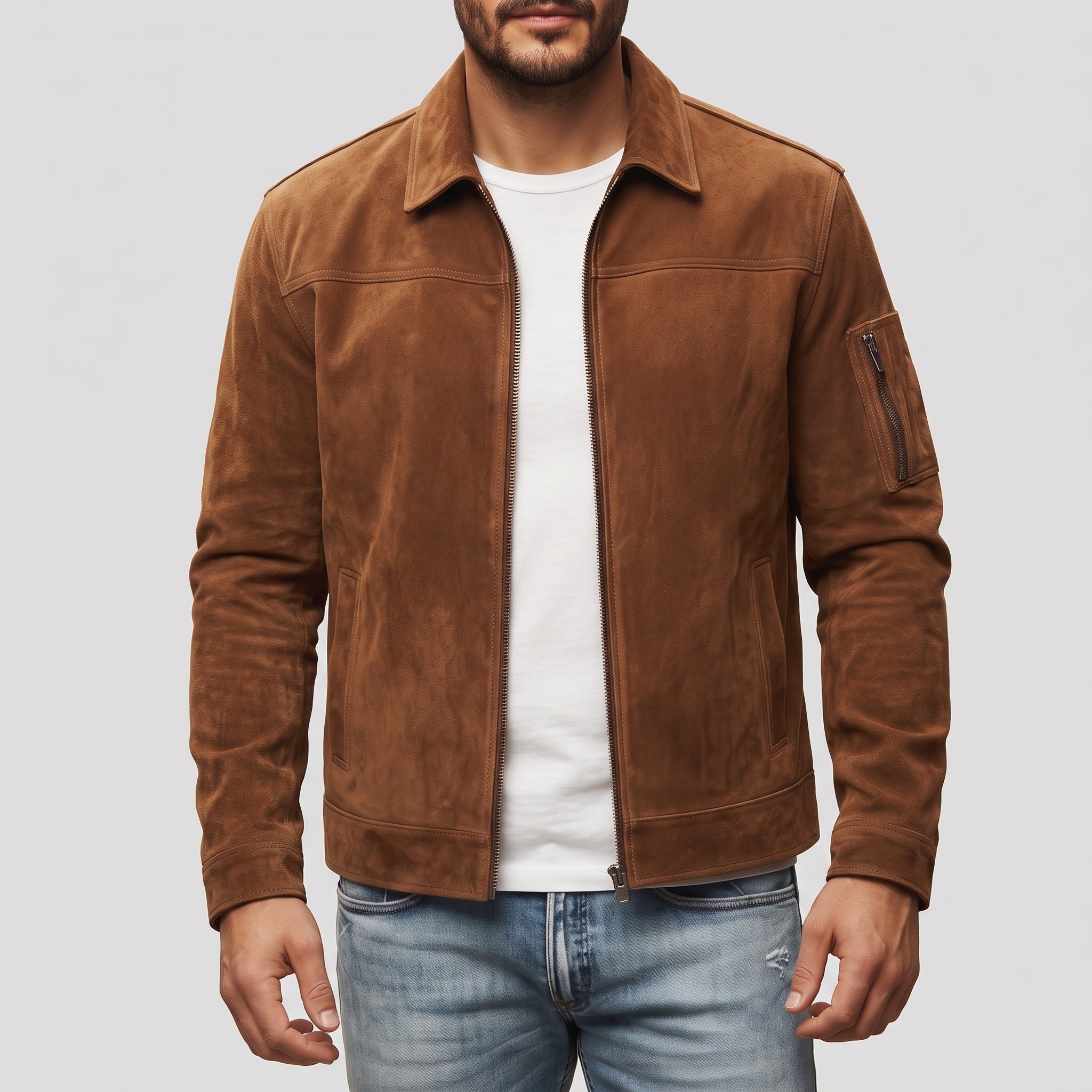 Men's Brown Suede Bomber Jacket — Fenfield