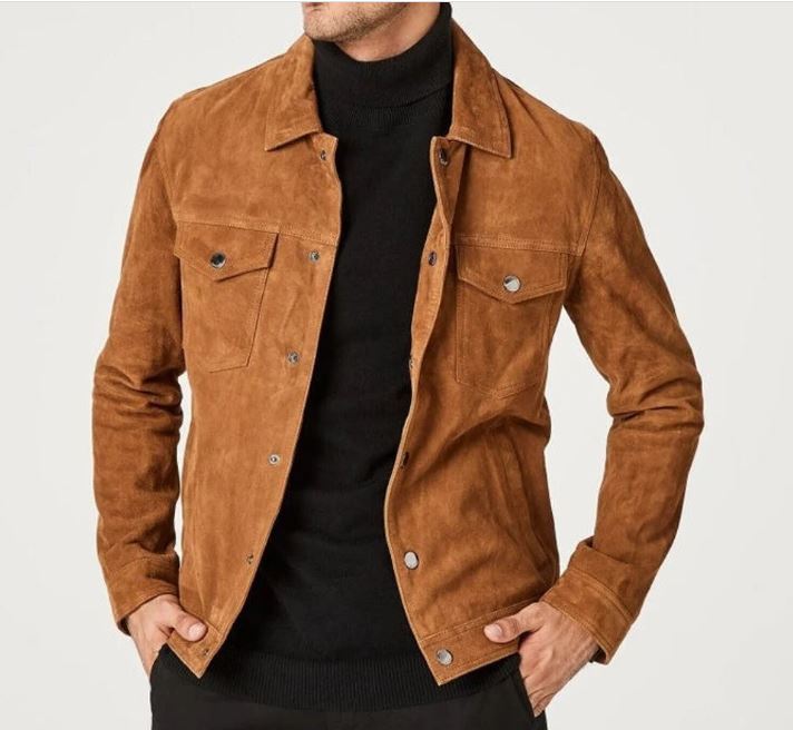 Men's Brown Suede Leather Trucker Jacket, Genuine Brown Western Soft Suede