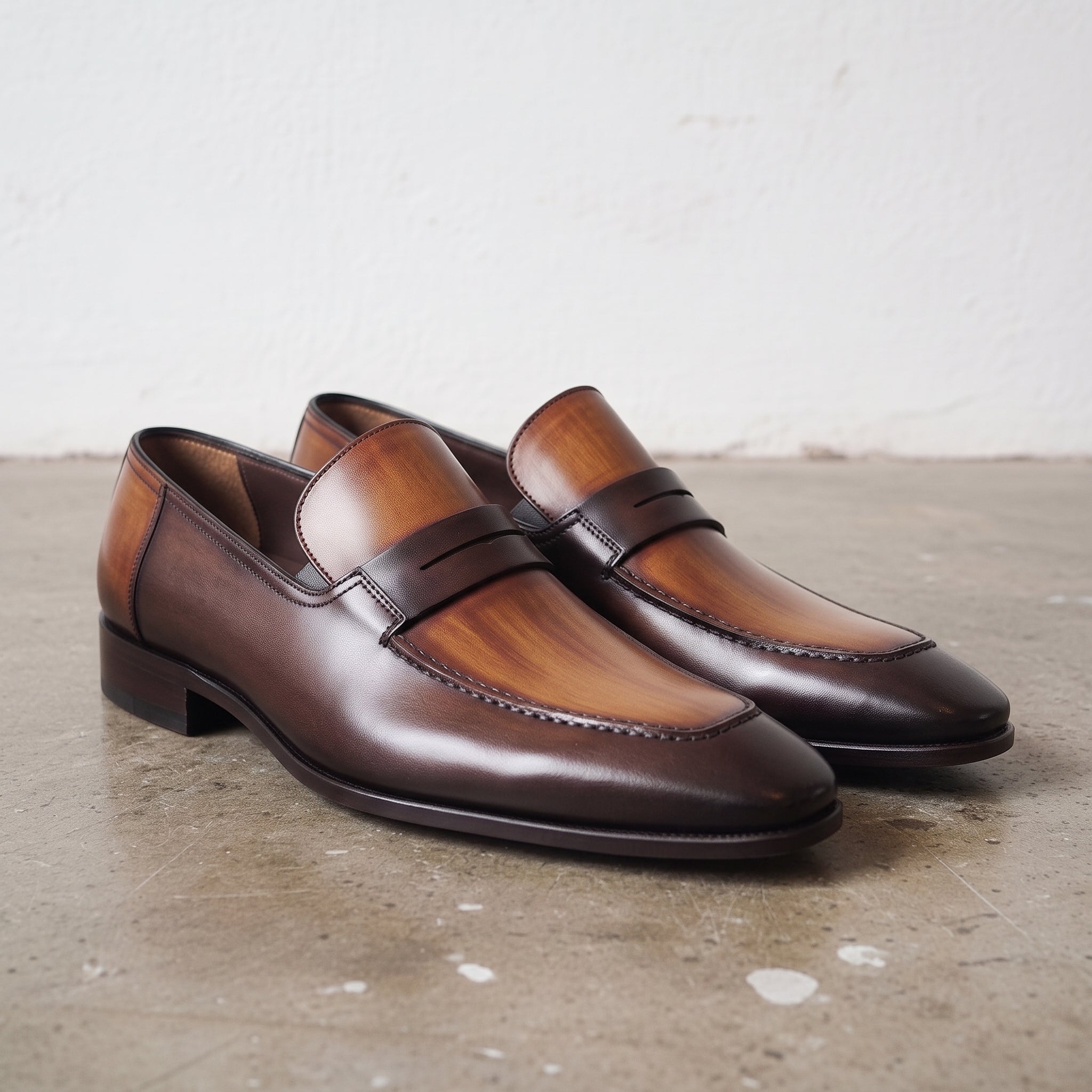 Men's Brown Tan and Burgundy Apron-Toe Leather Penny Loafers — Wellington