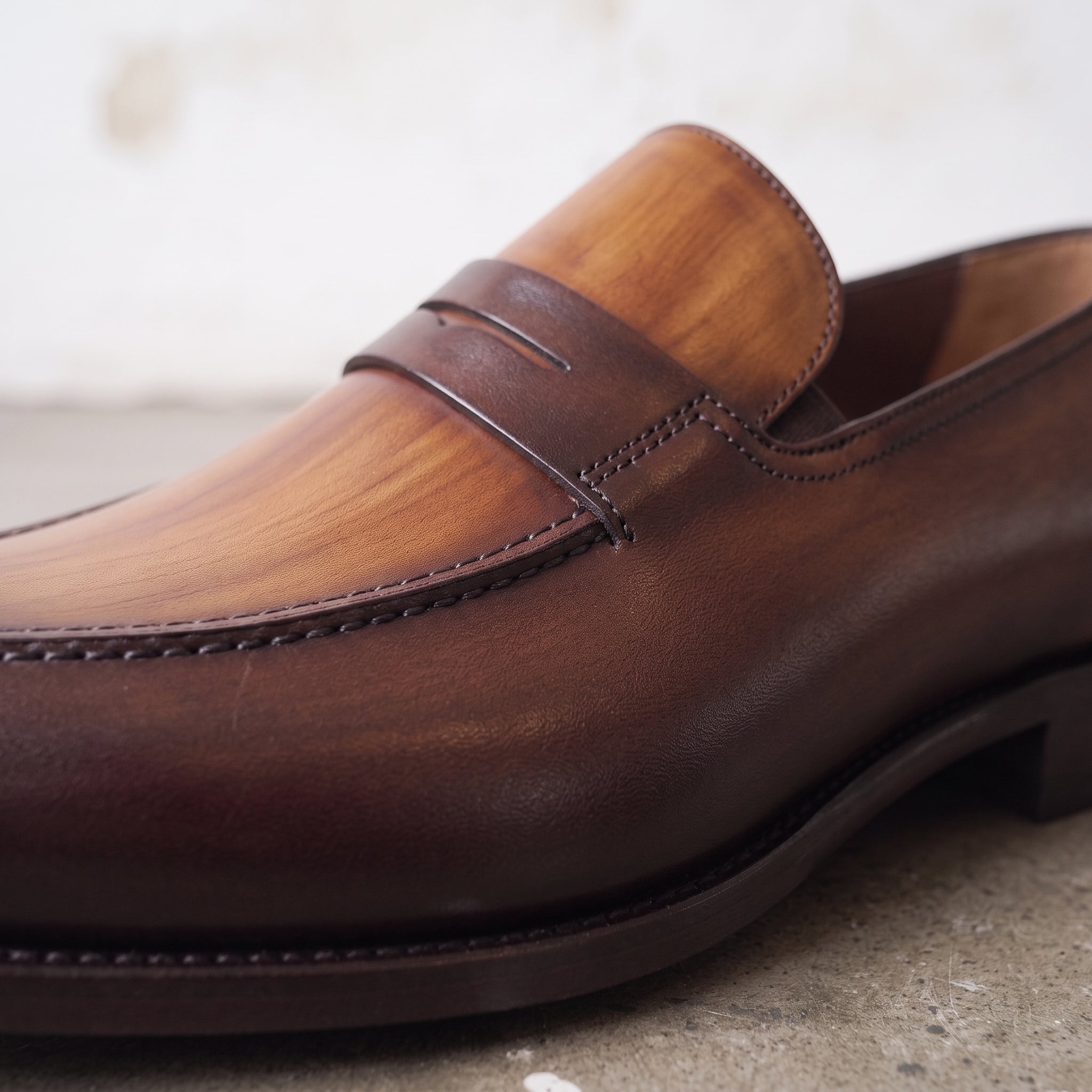 Men's Brown Tan and Burgundy Apron-Toe Leather Penny Loafers — Wellington