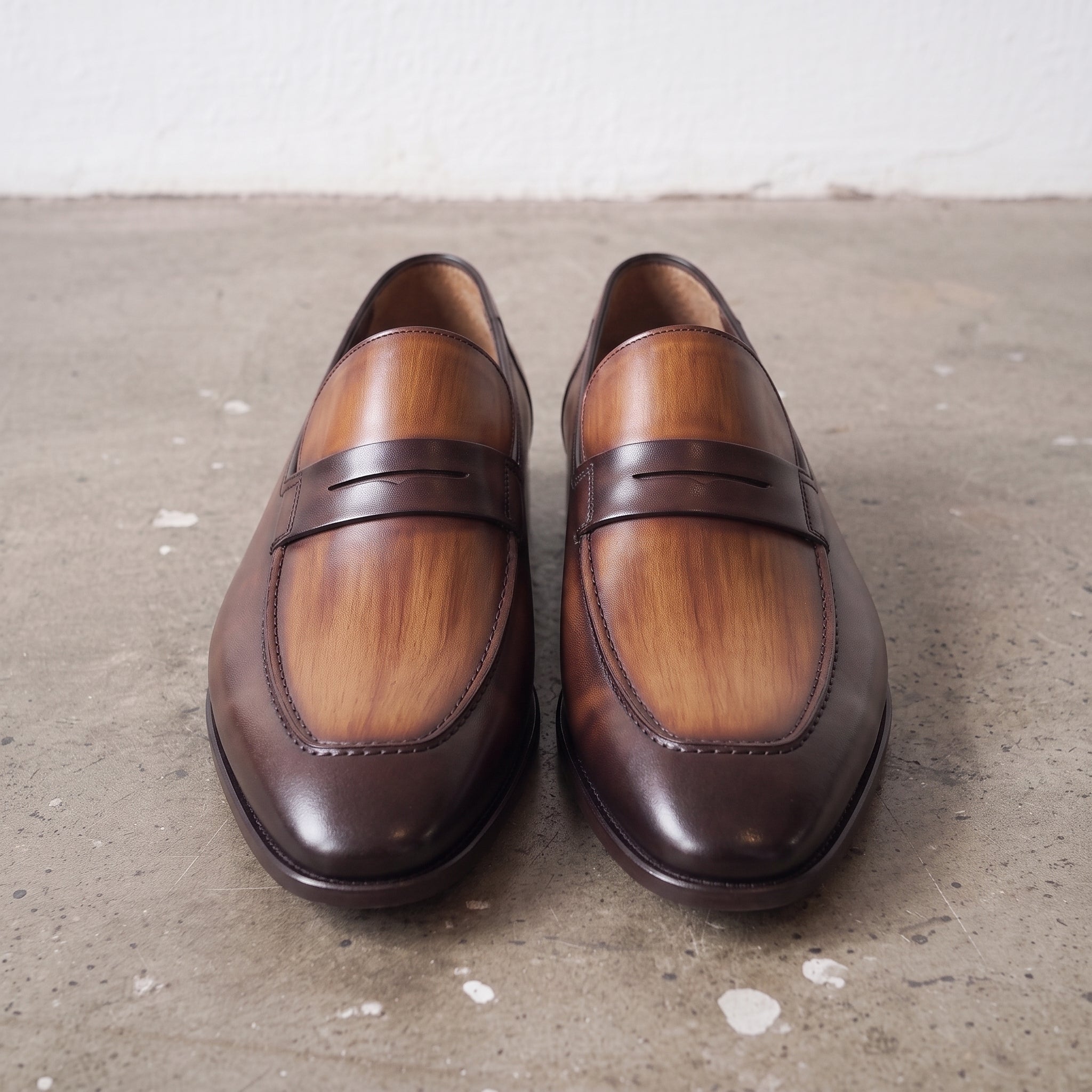 Men's Brown Tan and Burgundy Apron-Toe Leather Penny Loafers — Wellington