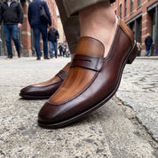Men's Brown Tan and Burgundy Apron-Toe Leather Penny Loafers — Wellington