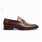 Men's Brown Tan and Burgundy Apron-Toe Leather Penny Loafers — Wellington