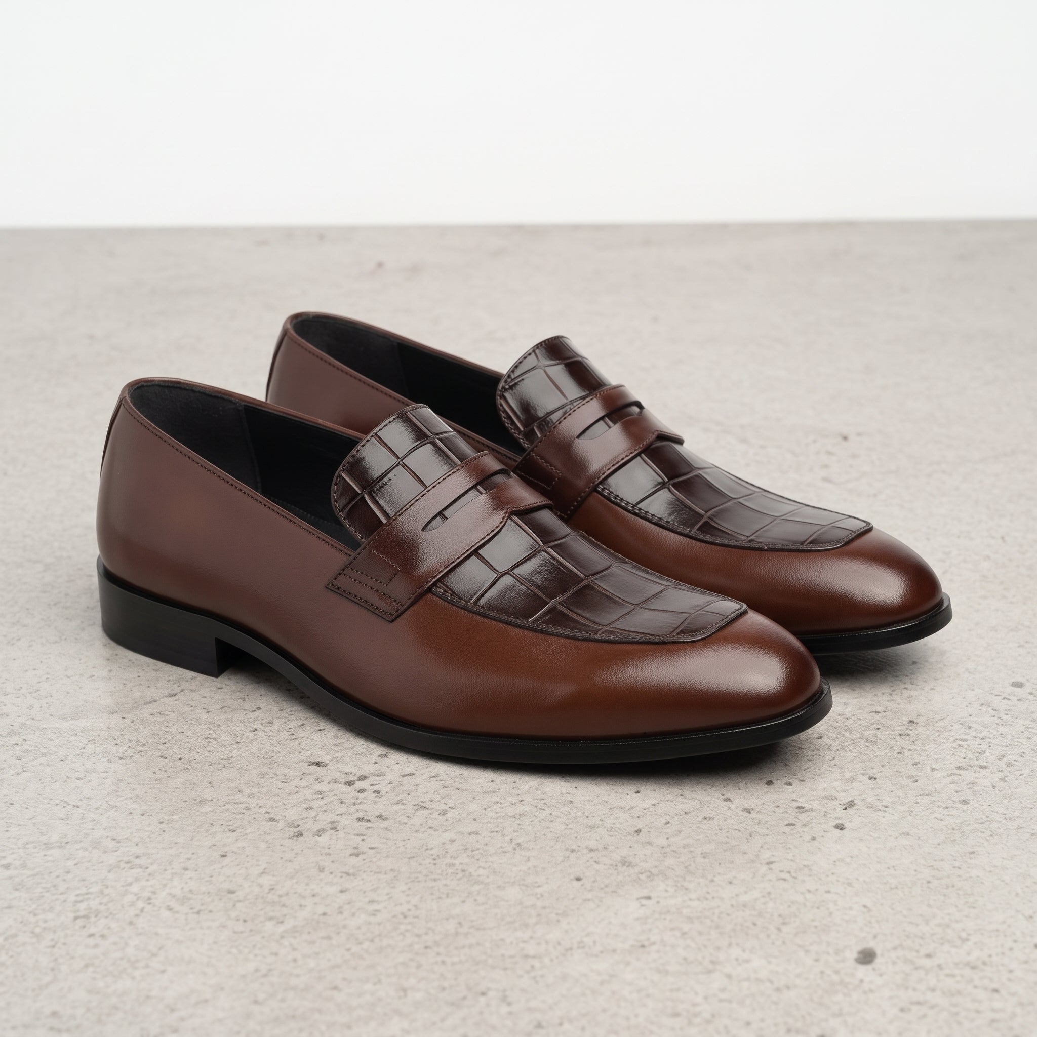 Men's Brown Two-Tone Alligator-Embossed Leather Moccasins — Colbrook