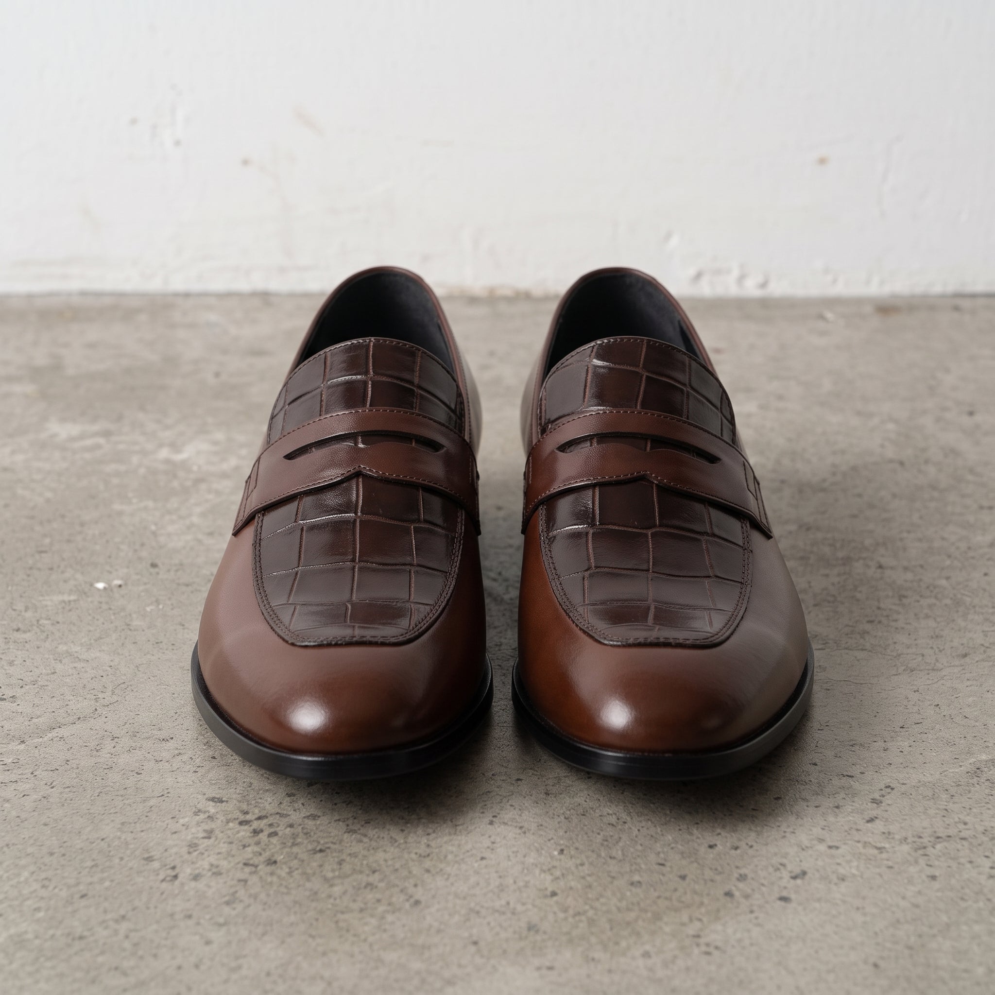 Men's Brown Two-Tone Alligator-Embossed Leather Moccasins — Colbrook