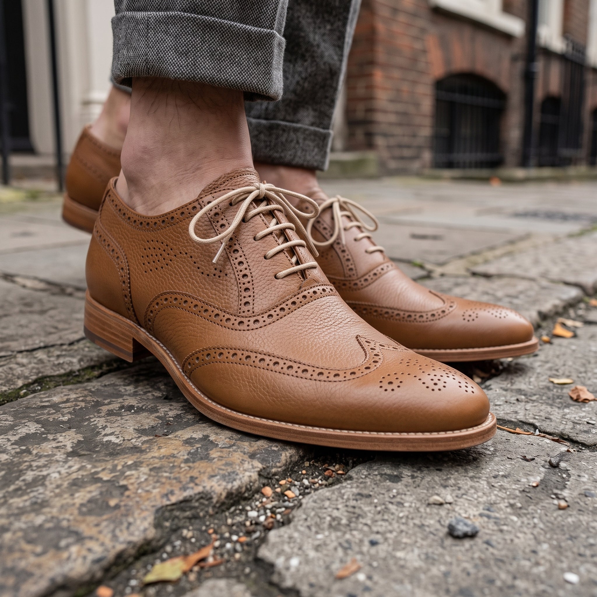 Men's Brown Wingtip Pebbled Leather Oxfords — Chigwell