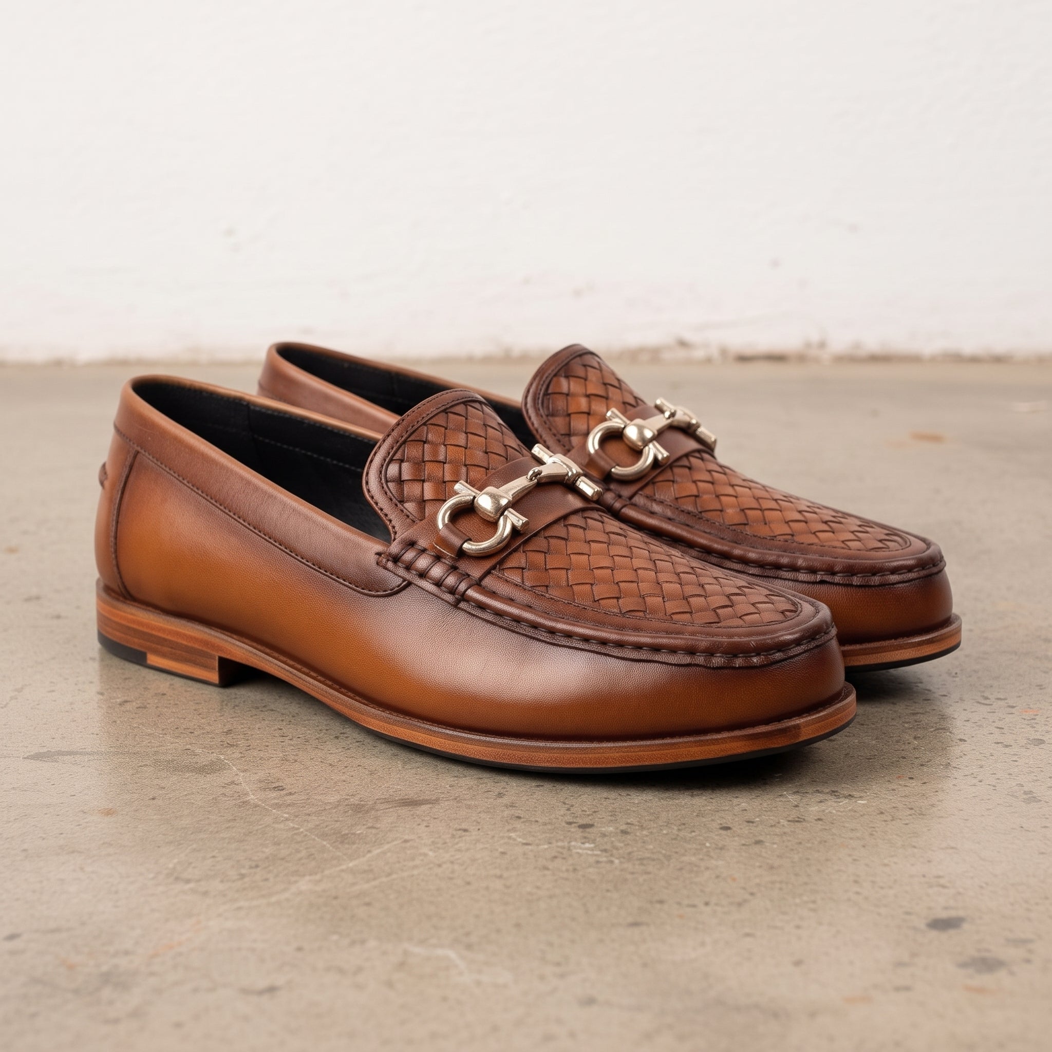 Men's Brown Woven Leather Apron-Toe Bit Loafers — Bickenhill