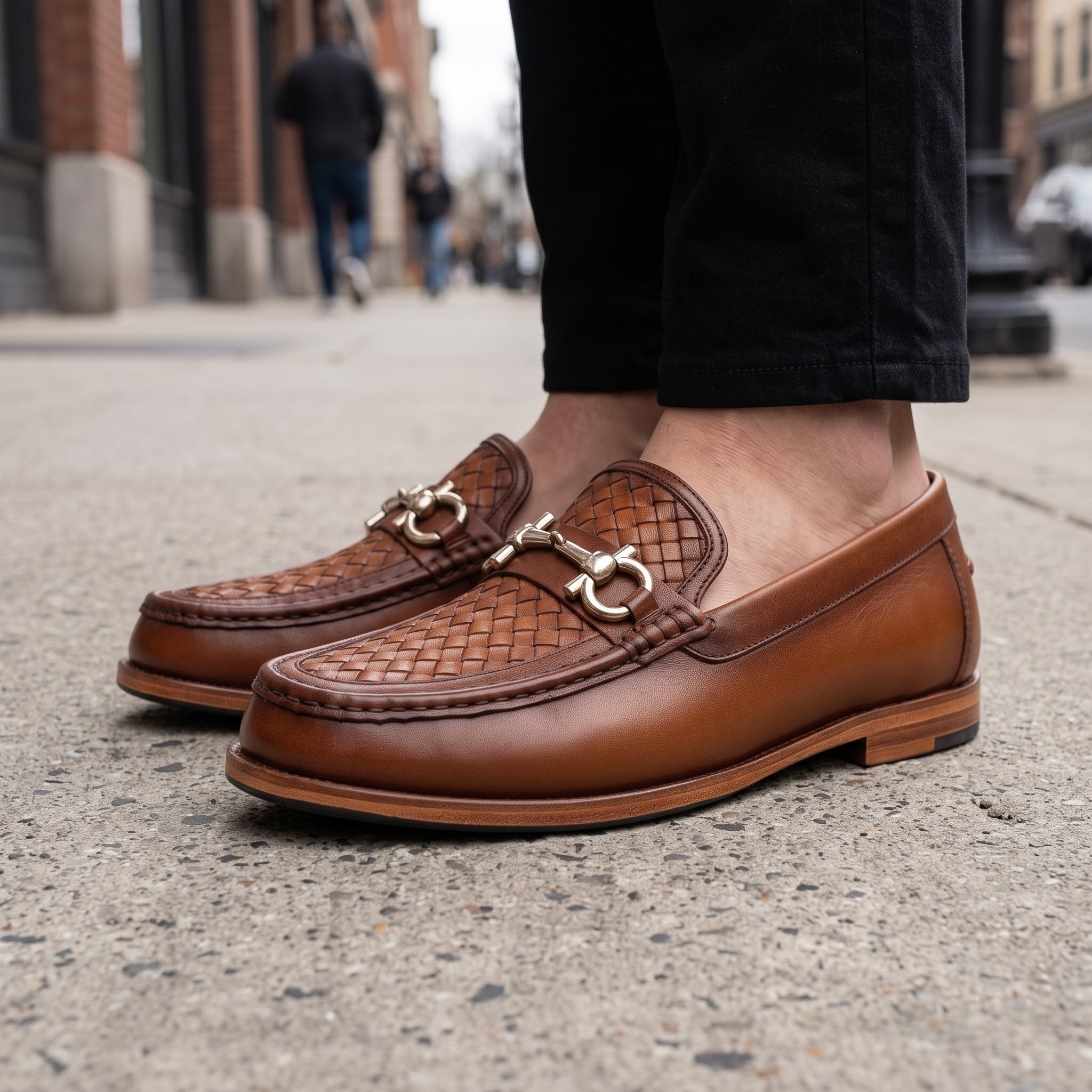 Men's Brown Woven Leather Apron-Toe Bit Loafers — Bickenhill