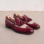 Men's Burgundy and Beige Wingtip Fringe Leather Tassel Loafers — Bell