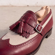 Men's Burgundy and Beige Wingtip Fringe Leather Tassel Loafers — Bell