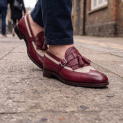 Men's Burgundy and Beige Wingtip Fringe Leather Tassel Loafers — Bell