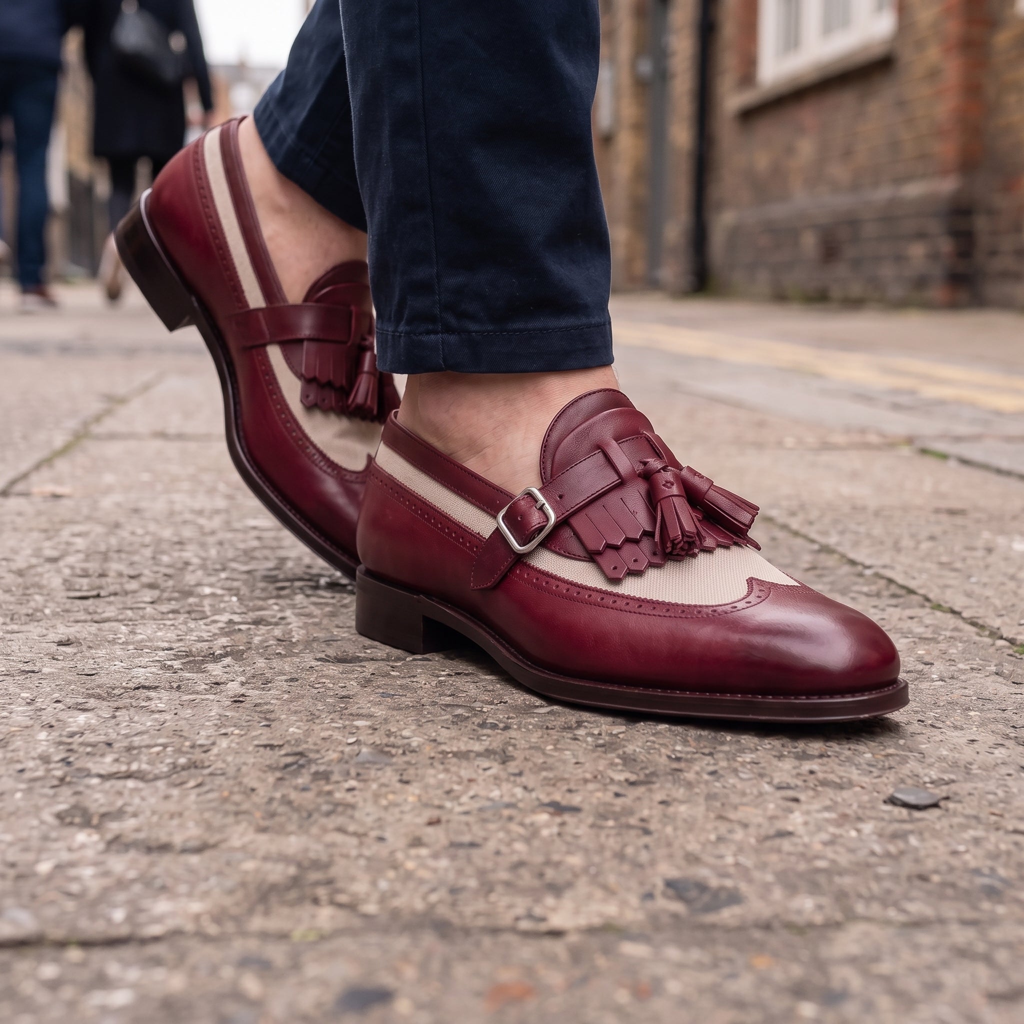Men's Burgundy and Beige Wingtip Fringe Leather Tassel Loafers — Bell