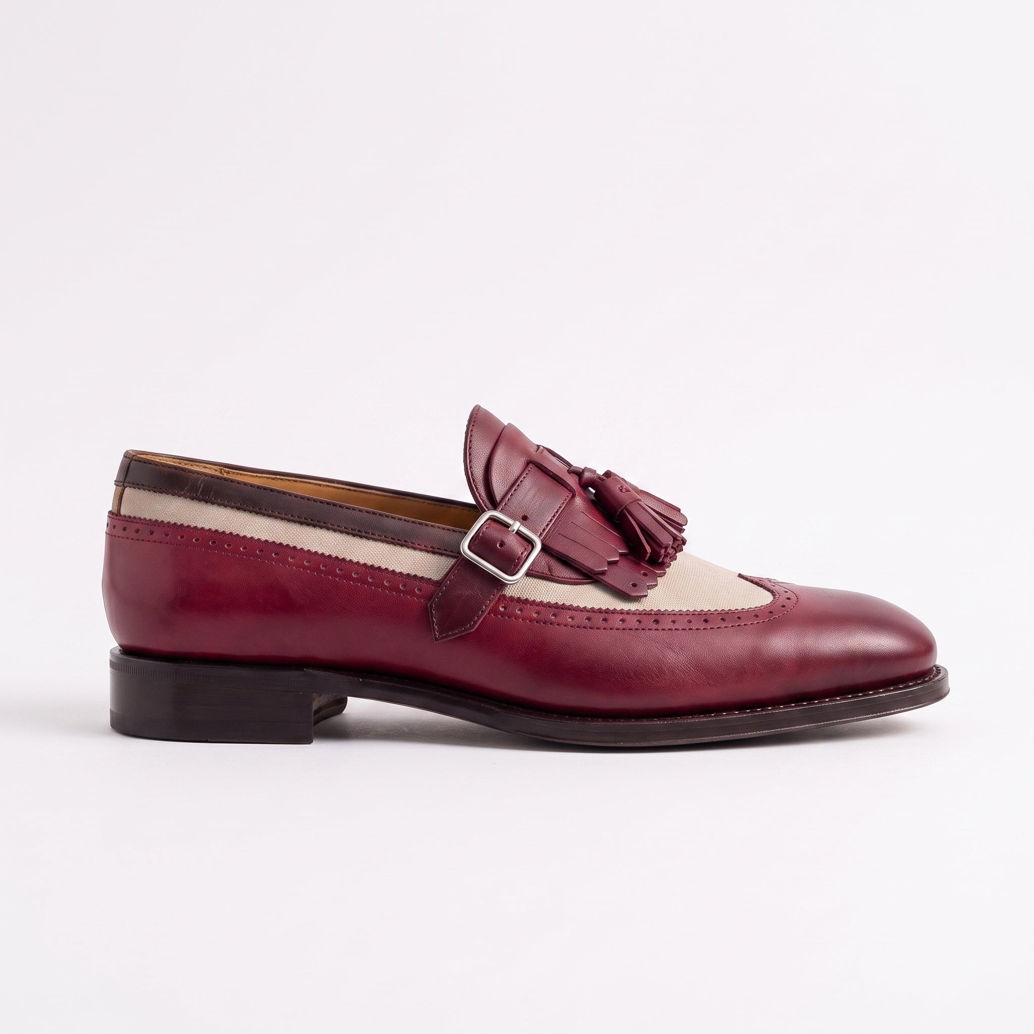 Men's Burgundy and Beige Wingtip Fringe Leather Tassel Loafers — Bell