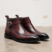 Men's Burgundy and Black Apron-Toe Leather Monk Strap Ankle Boots — Parrington