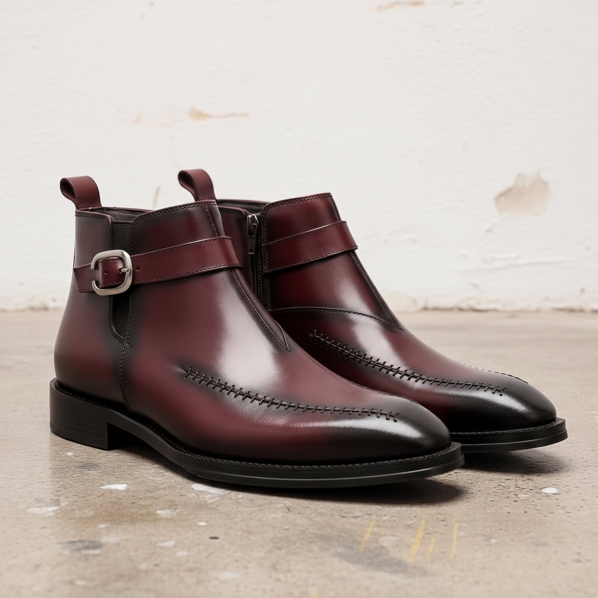 Men's Burgundy and Black Apron-Toe Leather Monk Strap Ankle Boots — Parrington