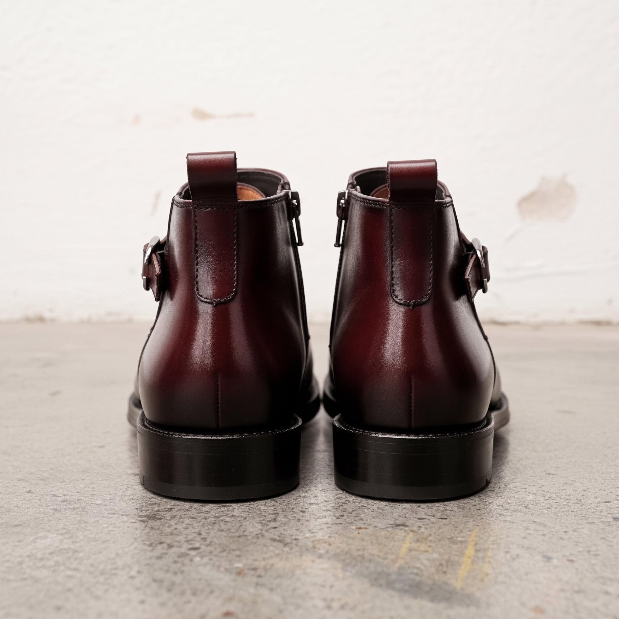 Men's Burgundy and Black Apron-Toe Leather Monk Strap Ankle Boots — Parrington