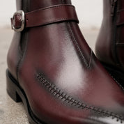 Men's Burgundy and Black Apron-Toe Leather Monk Strap Ankle Boots — Parrington