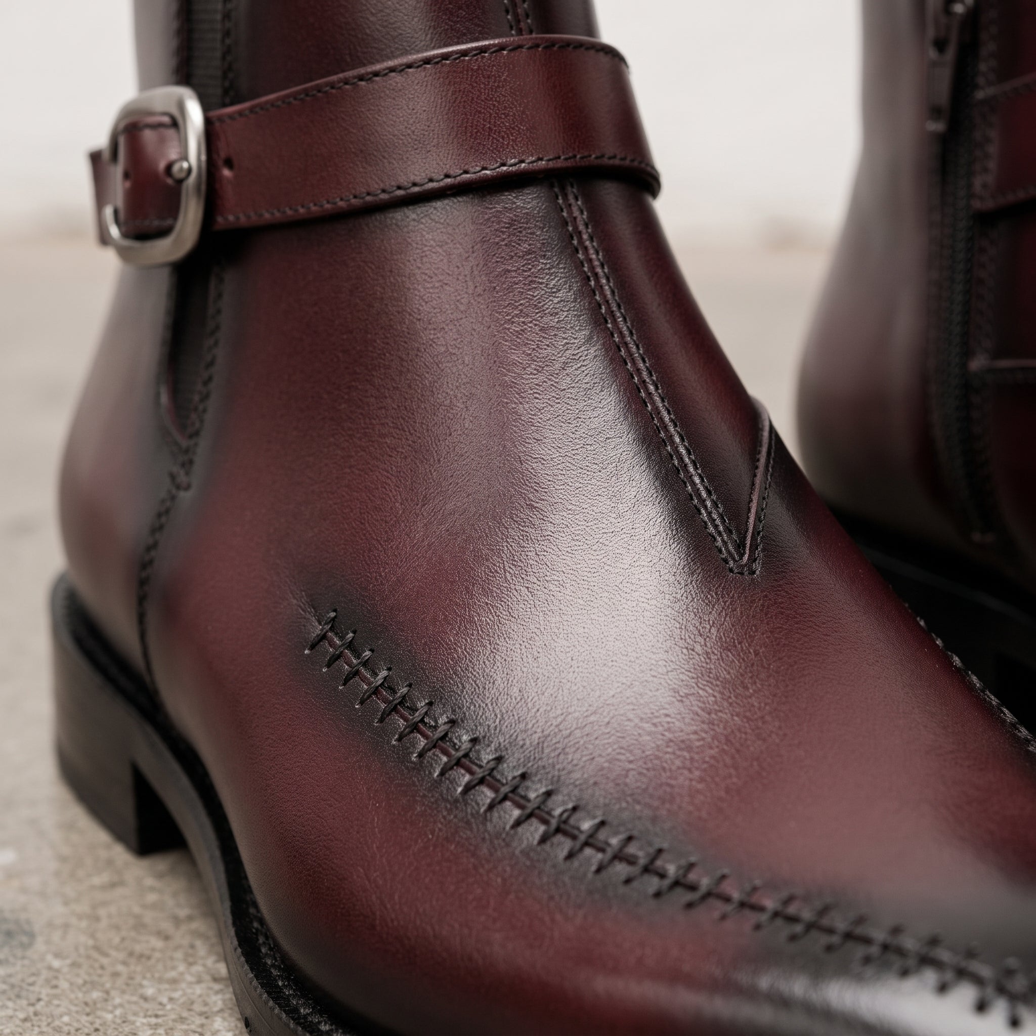 Men's Burgundy and Black Apron-Toe Leather Monk Strap Ankle Boots — Parrington