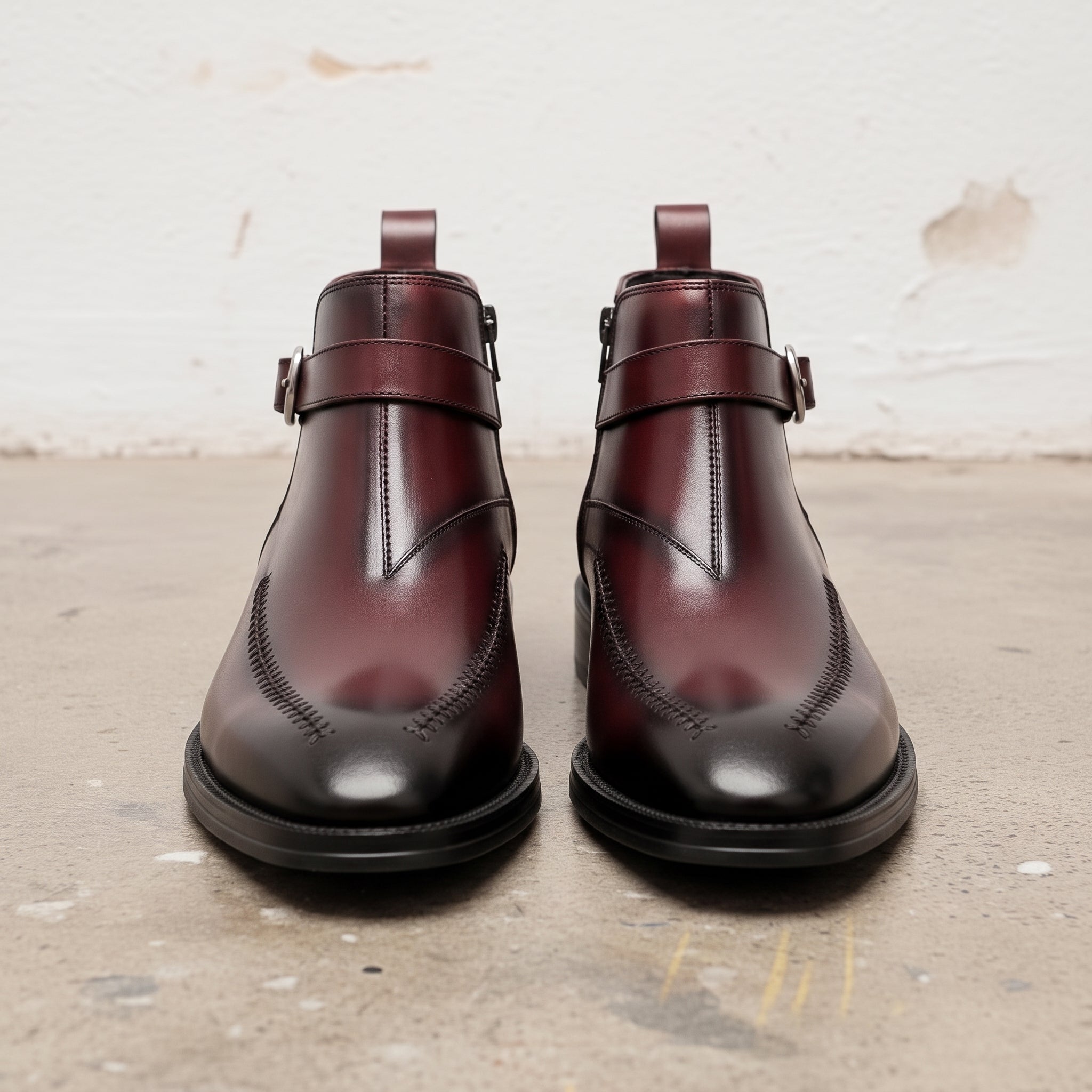 Men's Burgundy and Black Apron-Toe Leather Monk Strap Ankle Boots — Parrington