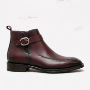 Men's Burgundy and Black Apron-Toe Leather Monk Strap Ankle Boots — Parrington