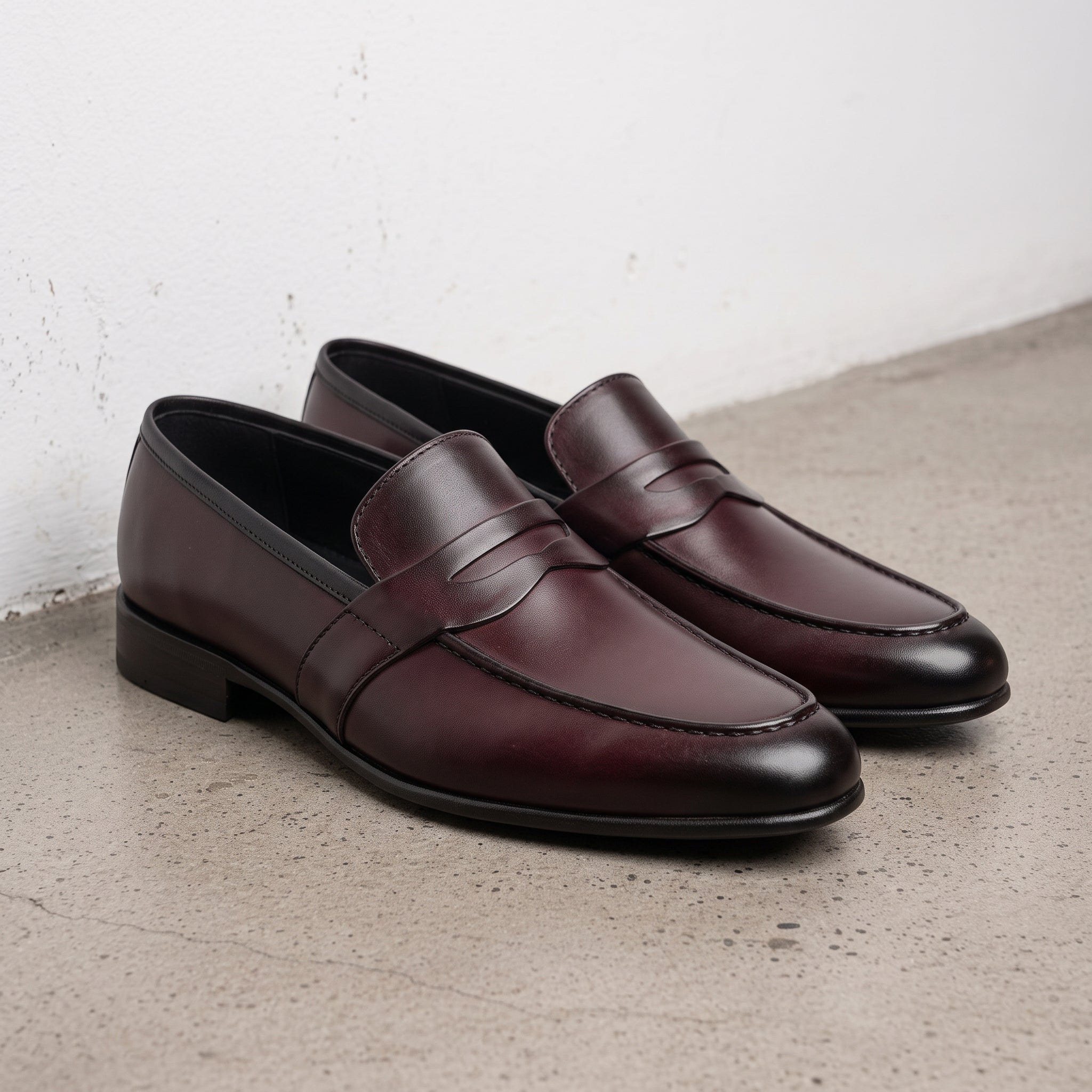 Men's Burgundy and Black Apron-Toe Leather Penny Loafers — Cheltenham