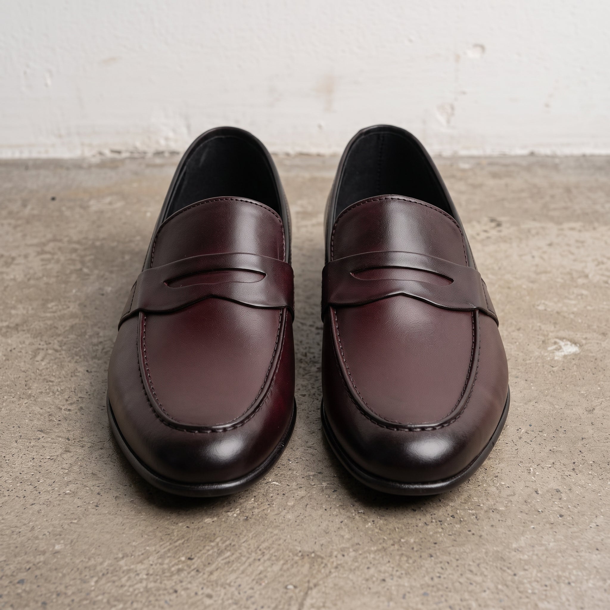 Men's Burgundy and Black Apron-Toe Leather Penny Loafers — Cheltenham