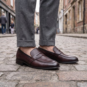 Men's Burgundy and Black Apron-Toe Leather Penny Loafers — Cheltenham
