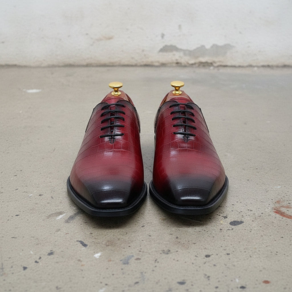 Men's Burgundy and Black Cap-Toe Alligator-Embossed Leather Oxfords — Wroxton — Wroxton