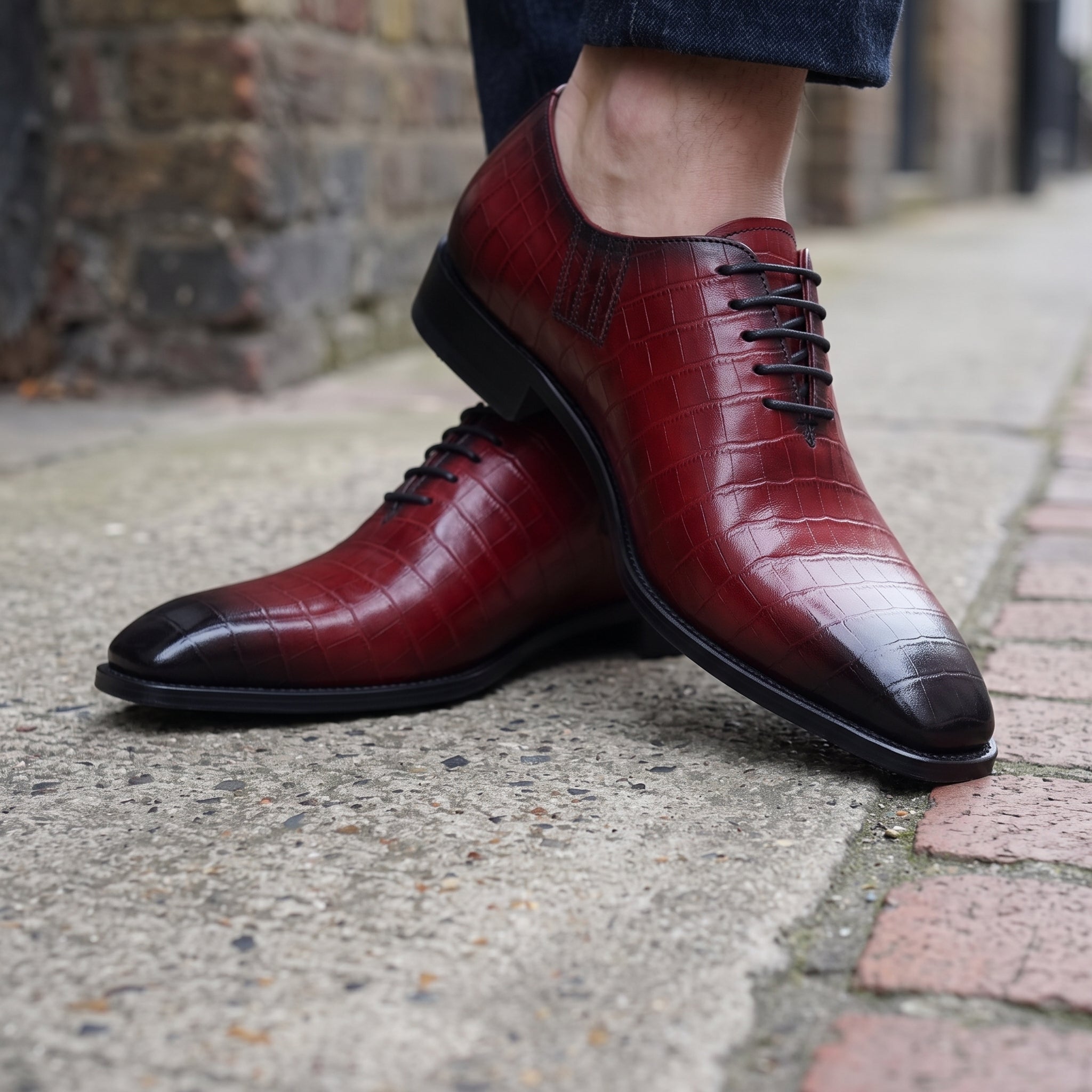 Men's Burgundy and Black Cap-Toe Alligator-Embossed Leather Oxfords — Wroxton — Wroxton