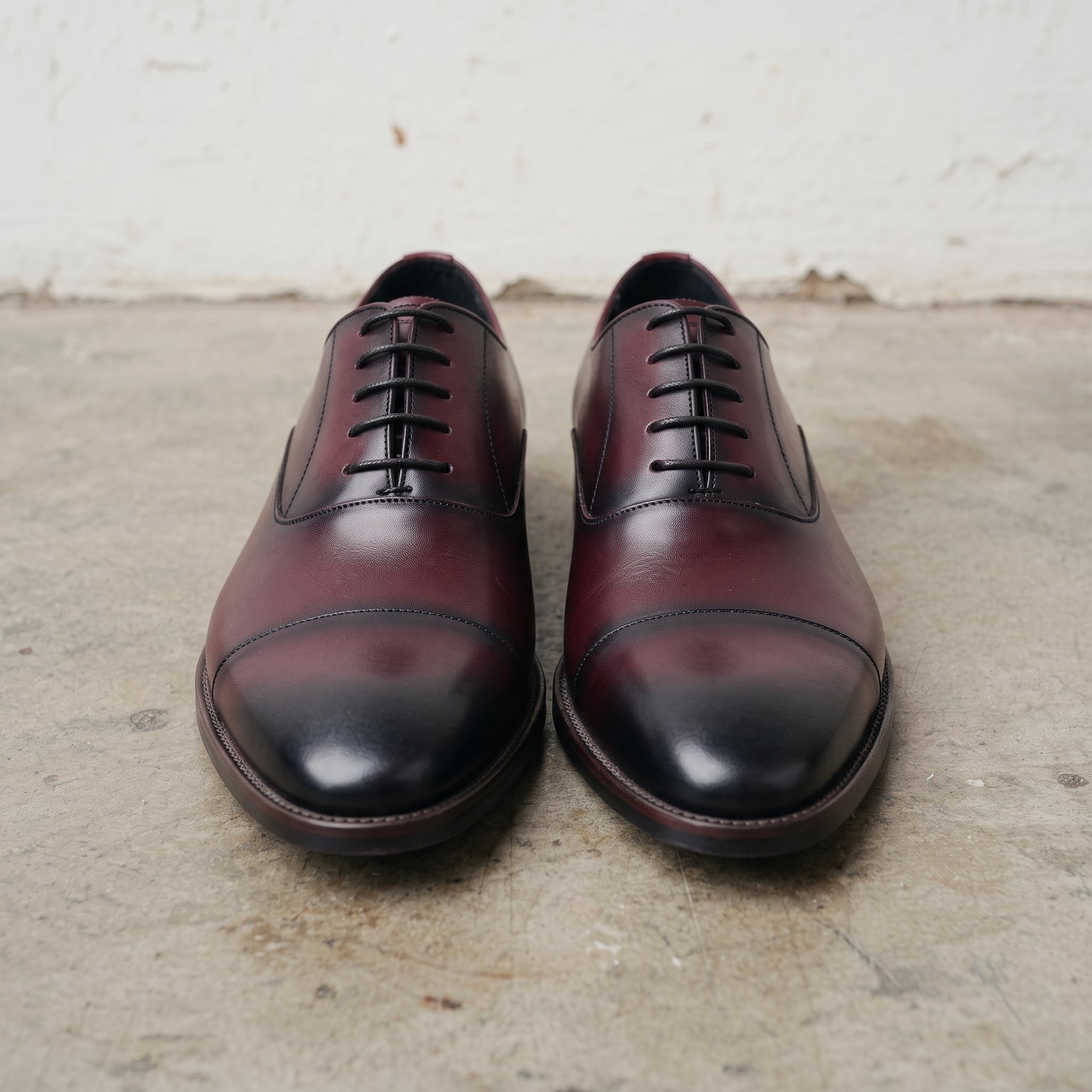 Men's Burgundy and Black Cap-Toe Leather Oxfords — Heswall