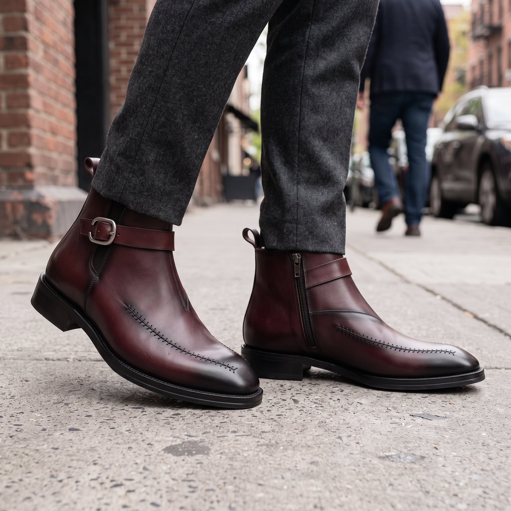 Men's Burgundy and Black Apron-Toe Leather Monk Strap Ankle Boots — Parrington