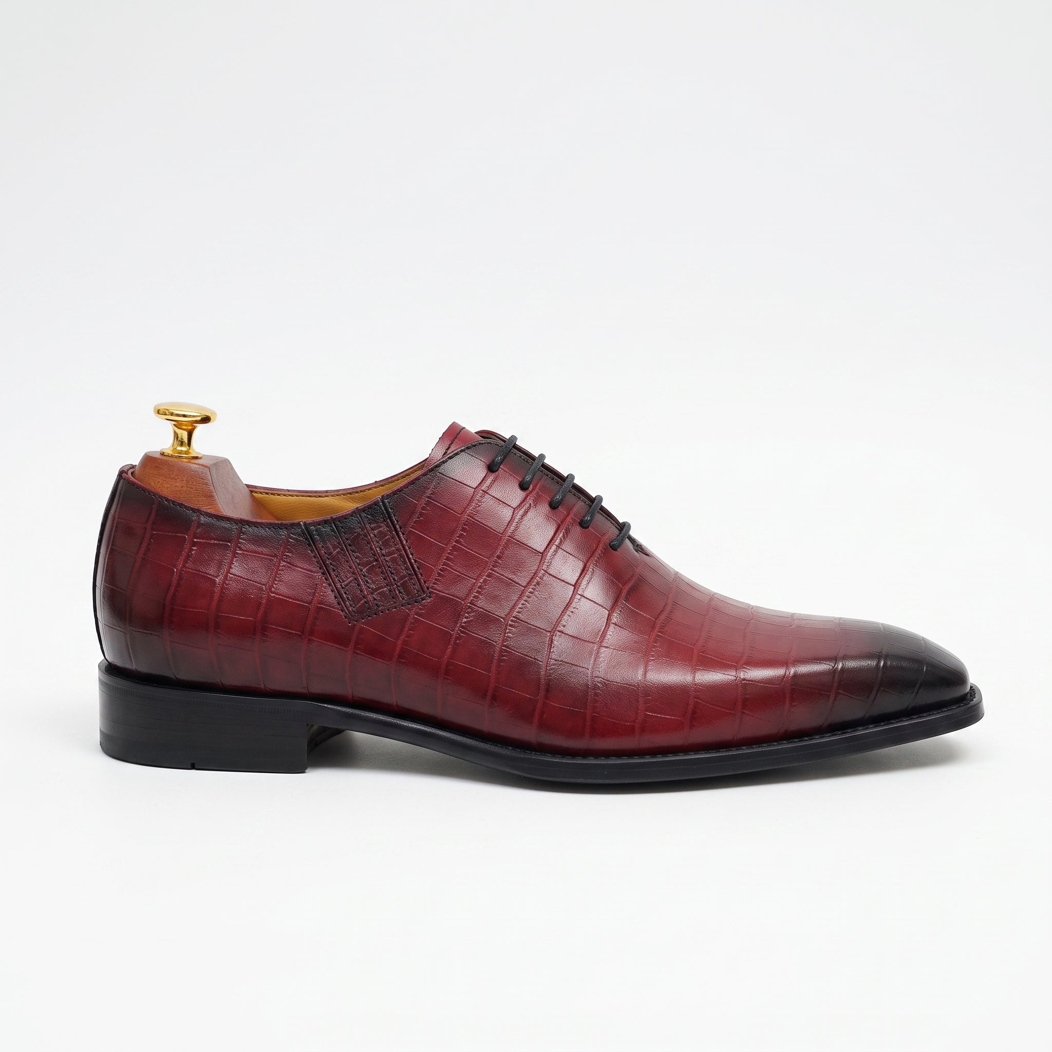 Men's Burgundy and Black Alligator-Embossed Leather Oxfords — Wroxton