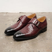 Men's Burgundy and Black Plain-Toe Crocodile-Embossed Leather Monk Strap Shoes — Garland