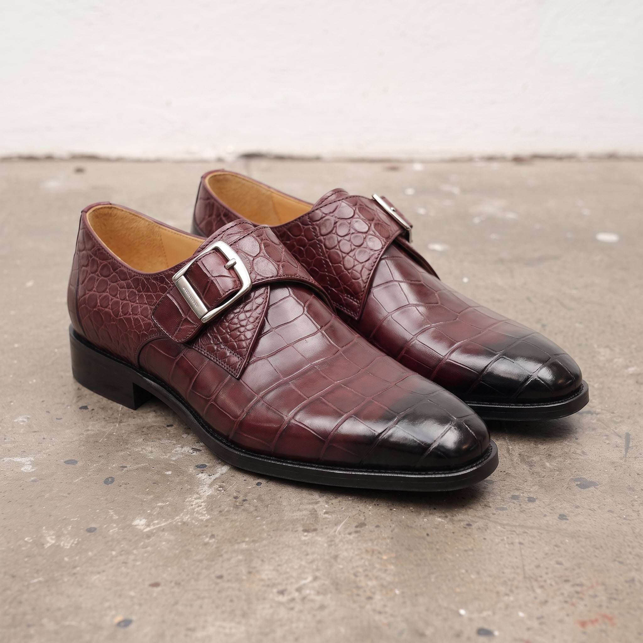 Men's Burgundy and Black Plain-Toe Crocodile-Embossed Leather Monk Strap Shoes — Garland