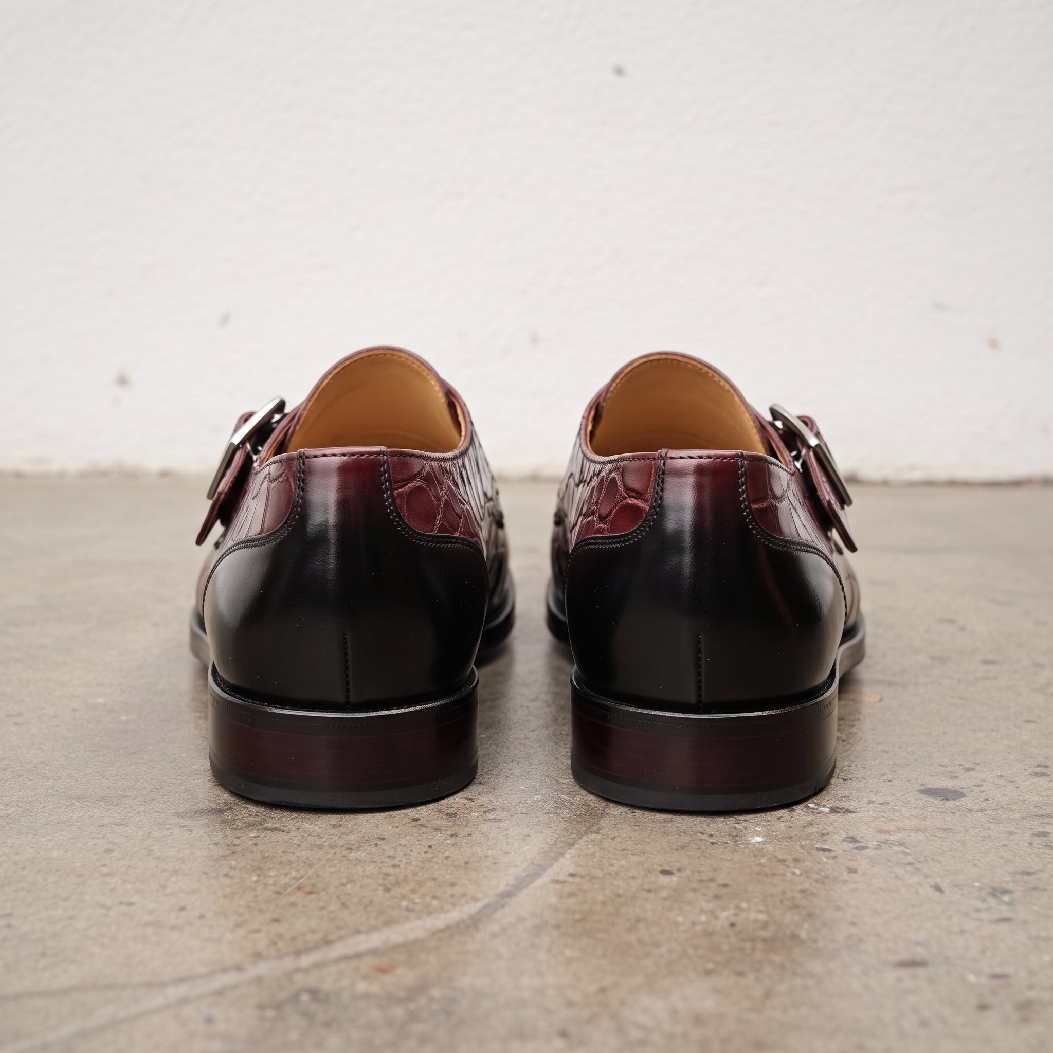 Men's Burgundy and Black Plain-Toe Crocodile-Embossed Leather Monk Strap Shoes — Garland