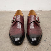 Men's Burgundy and Black Plain-Toe Crocodile-Embossed Leather Monk Strap Shoes — Garland