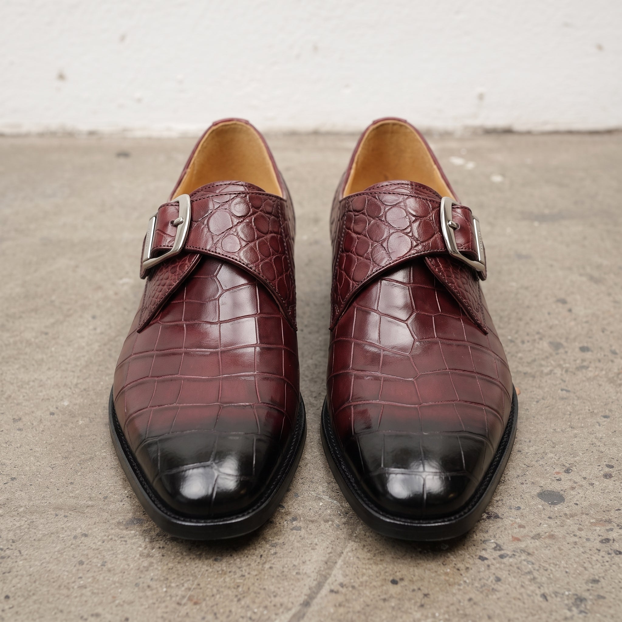 Men's Burgundy and Black Plain-Toe Crocodile-Embossed Leather Monk Strap Shoes — Garland