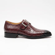 Men's Burgundy and Black Plain-Toe Crocodile-Embossed Leather Monk Strap Shoes — Garland
