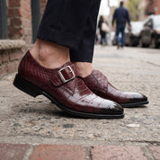 Men's Burgundy and Black Plain-Toe Crocodile-Embossed Leather Monk Strap Shoes — Garland