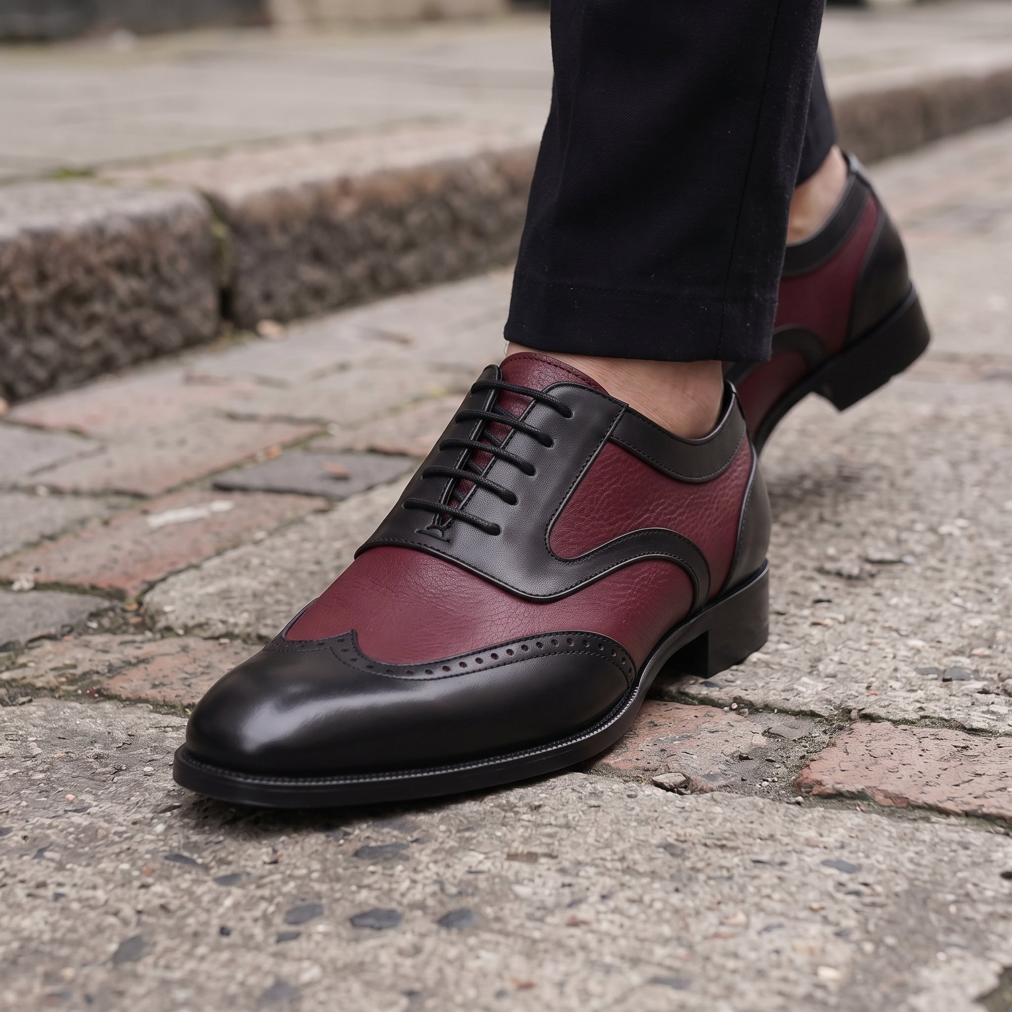 Men's Burgundy and Black Two-Tone Wingtip Leather Spectator Oxfords — Anstruther