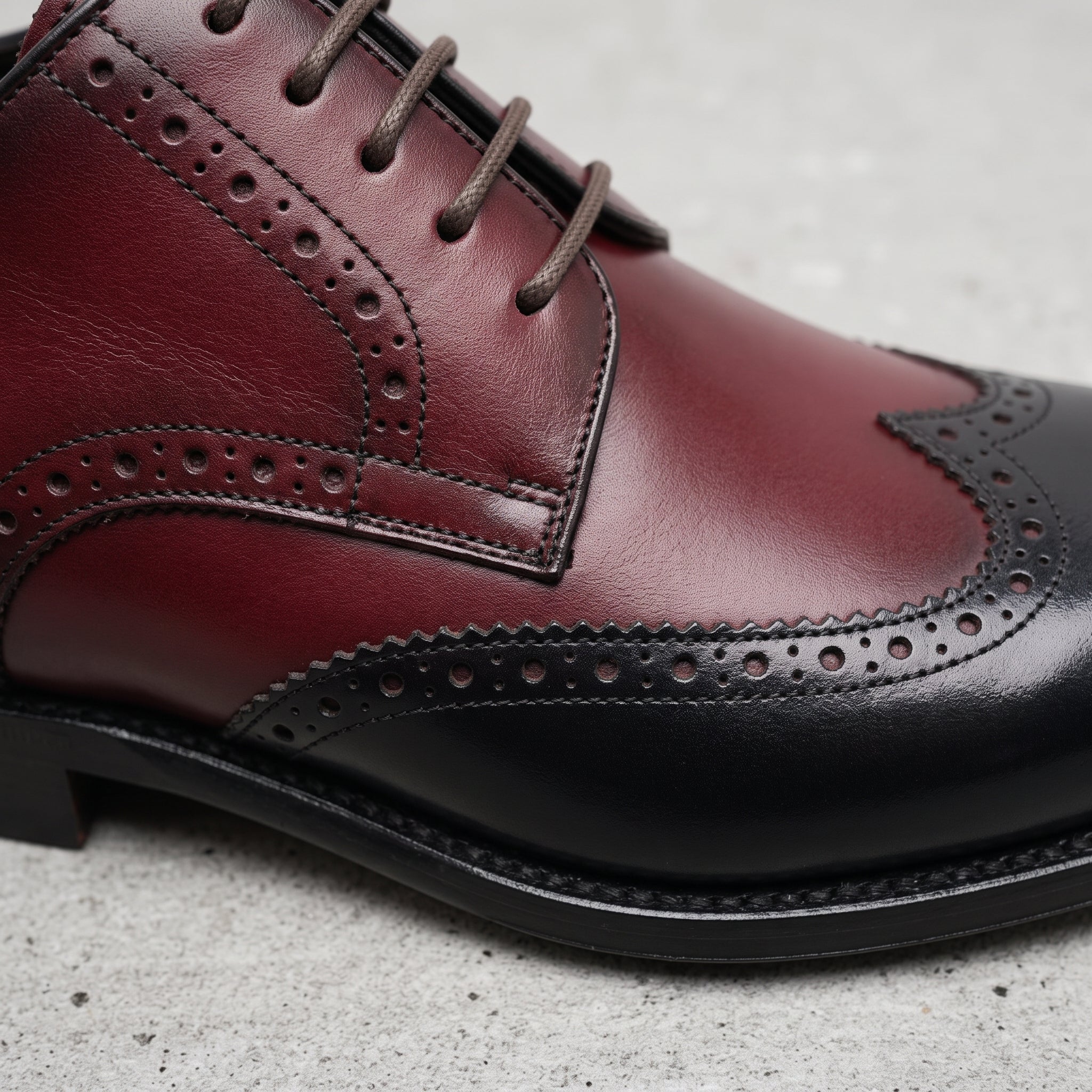 Men's Burgundy and Black Wingtip Leather Brogue Derbys — Castley