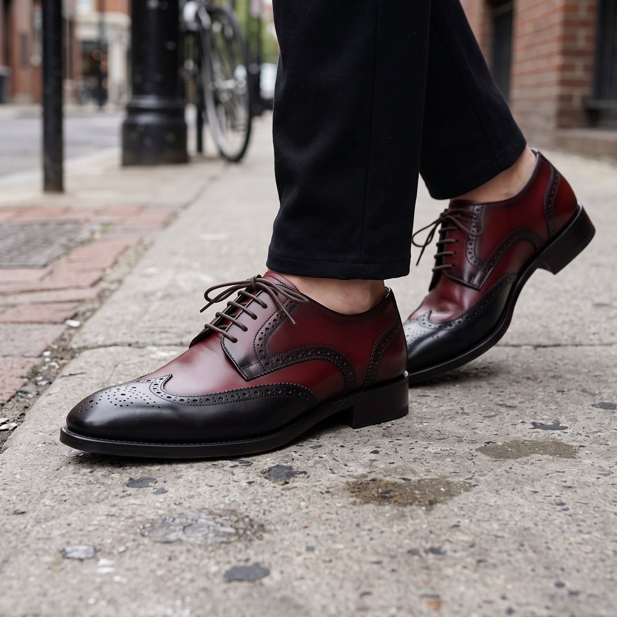 Men's Burgundy and Black Wingtip Leather Derbys — Hopkins