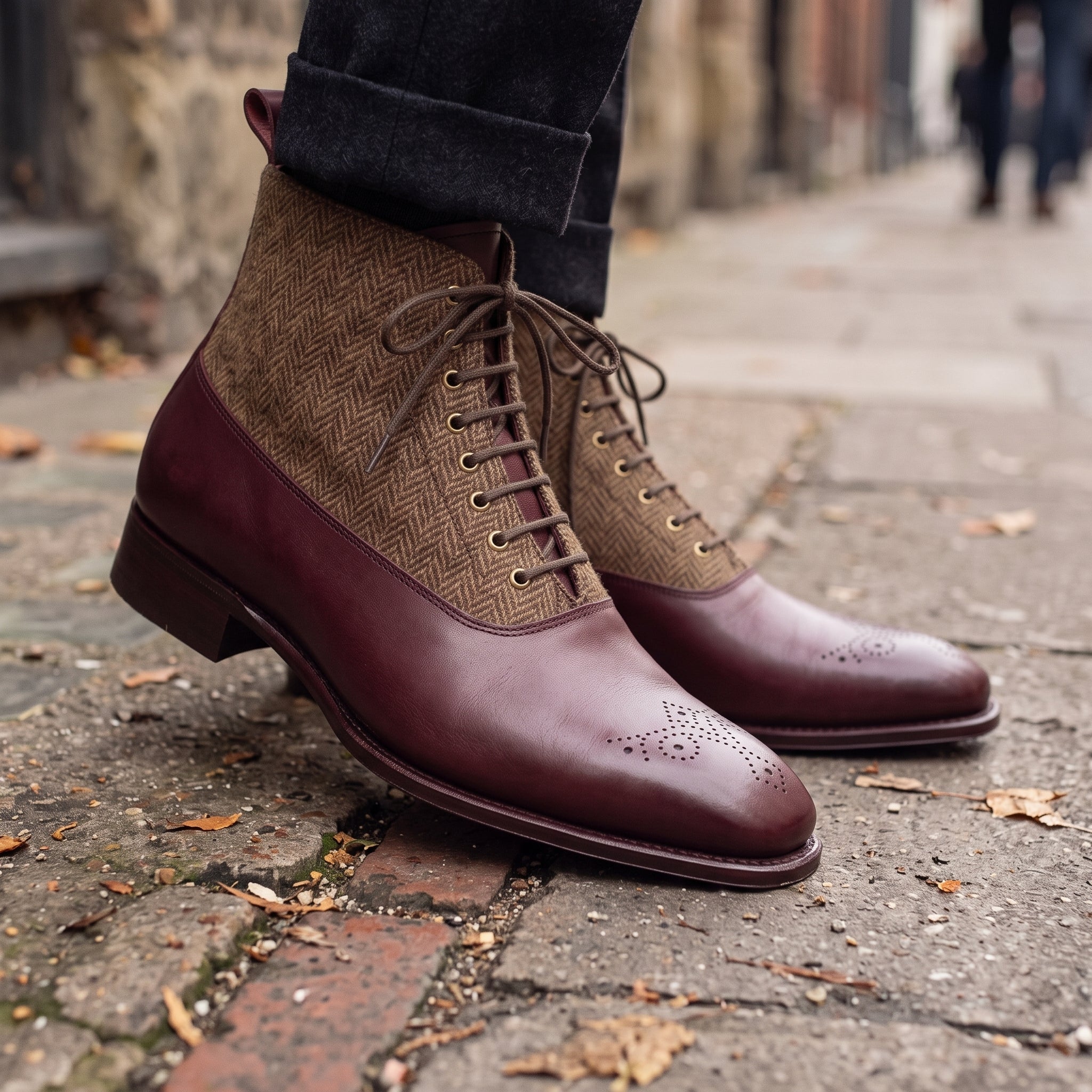 Men's Burgundy and Tan Herringbone-Embossed Leather Plain-Toe Oxford Boots — Hopwell