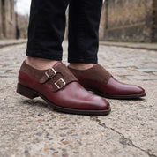 Men's Burgundy and Brown Leather Double Monk Strap Shoes — Farrant
