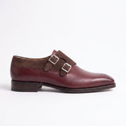Men's Burgundy and Brown Leather Double Monk Strap Shoes — Farrant