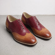 Men's Burgundy and Brown Two-Tone Wingtip Leather Oxfords — Andover