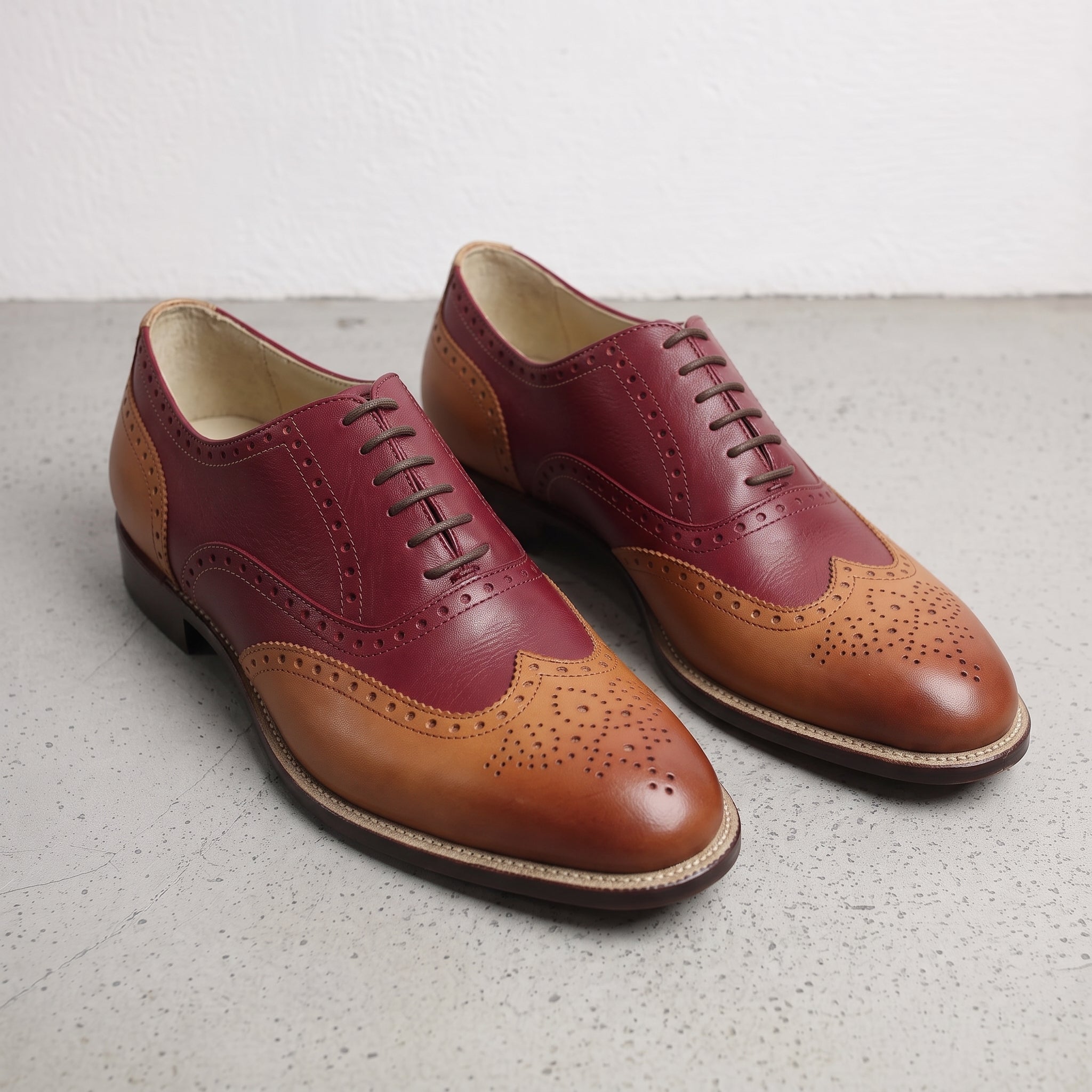 Men's Burgundy and Brown Two-Tone Wingtip Leather Oxfords — Andover