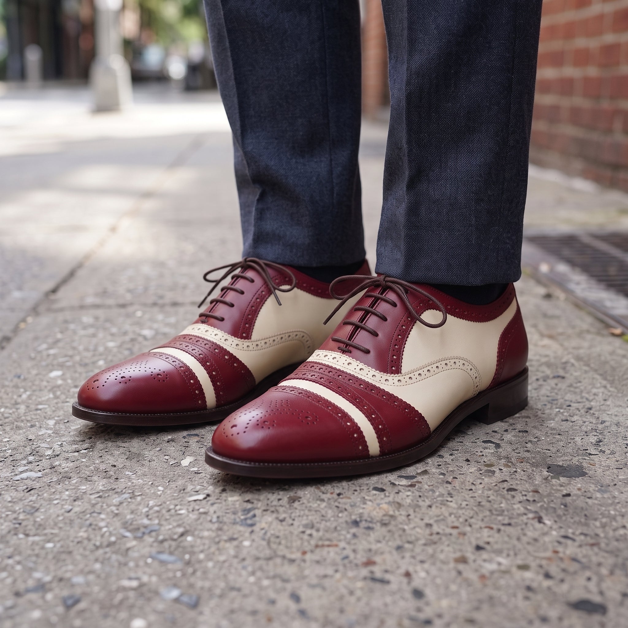 Men's Burgundy and Cream Leather Spectator Oxfords — Hensley